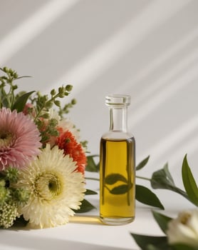 Flowers and oil bottle on white background photo