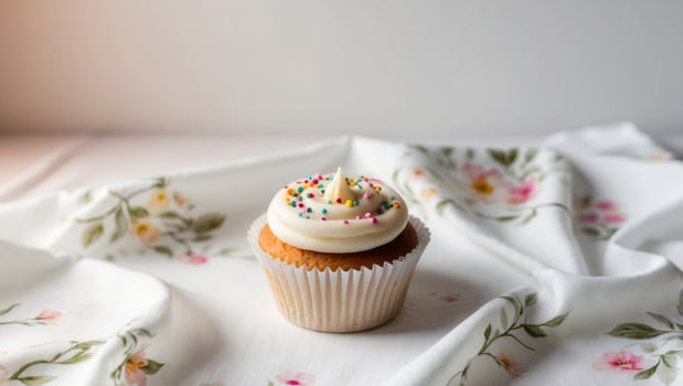 A cupcake sitting on a floral tablecloth photo