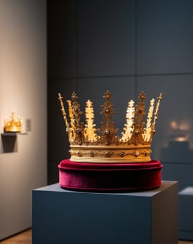A gold crown sits on top of a red velvet stand photo