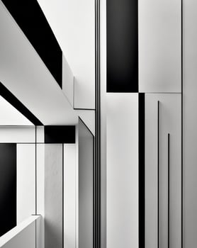 A black and white photo of a hallway with black and white stripes