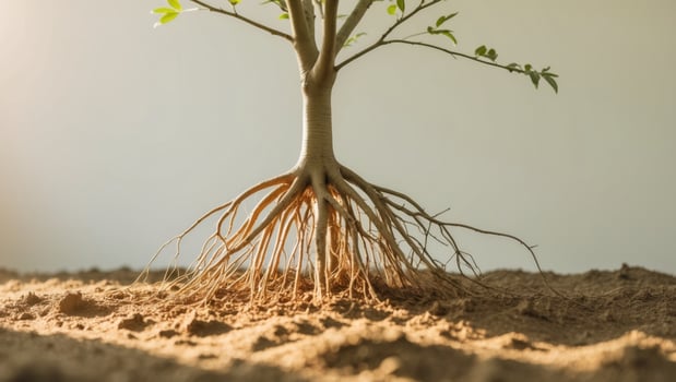 A tree with roots growing out of the ground photo