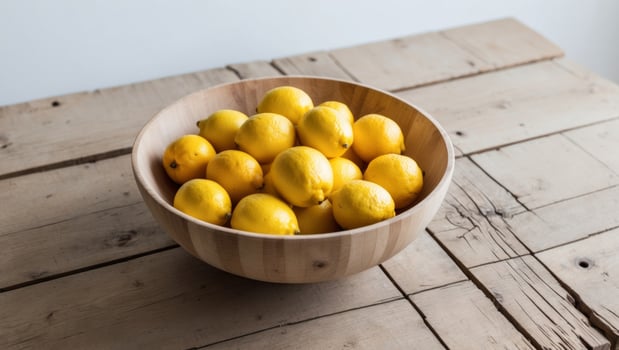 A wooden bowl filled with lemons on a wooden table photo