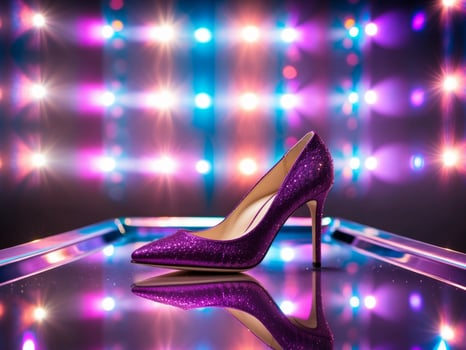 Purple high heeled shoe on a table with lights photo