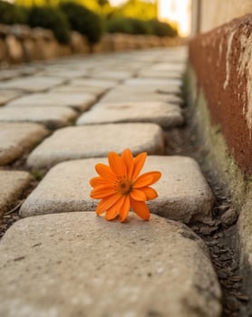Orange flower on cobblestone path photo