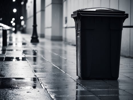 Black and white photo of trash can on wet street