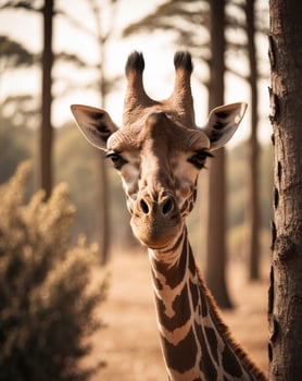 A giraffe standing in front of a tree photo