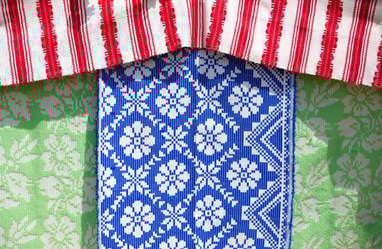Slavic embroidered towels with ethnic patterns. National Belarusian or Ukrainian pattern on fabric. photo