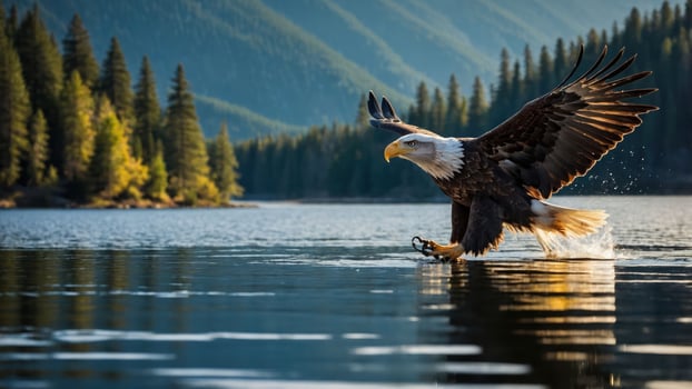 A majestic eagle skims the water's surface, capturing its prey against a serene backdrop. photo