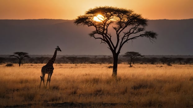 A serene sunset scene with a giraffe near a lone tree in a grassy landscape. photo