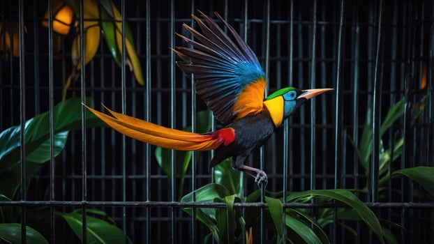 A vibrant bird perched amidst lush greenery in a cage, showcasing its colorful plumage. photo