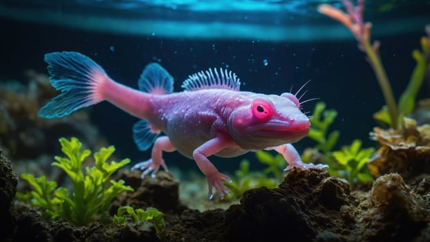 A vibrant pink fish swims among underwater plants in a colorful aquatic environment. photo