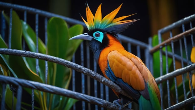 A vibrant bird with colorful plumage perched on branches amidst lush foliage. photo