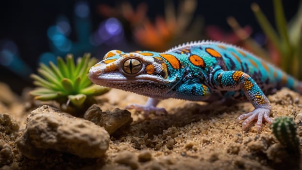A vibrant gecko resting on sandy terrain with colorful plants in the background. photo