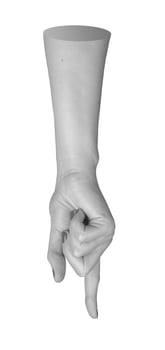 Female hand reaching out, isolated on white. Outstretched arm in gesture of human action, pressing photo