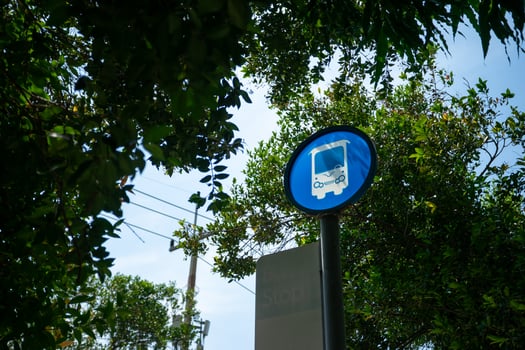 A blue and white sign on a pole photo