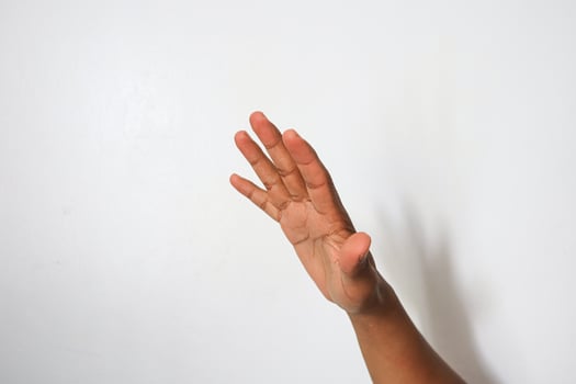 A person's hand reaching up to a wall photo