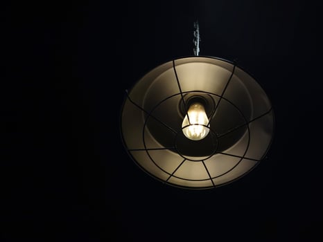 A light bulb is hanging from a metal cage photo