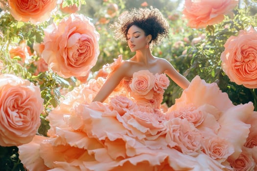 Fashion model wearing dress made of roses in garden setting photo