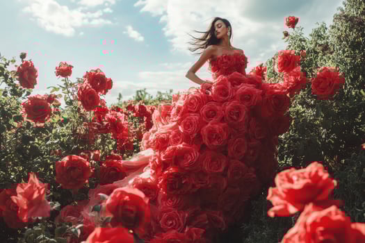 Fashion model wearing red rose dress in garden photo