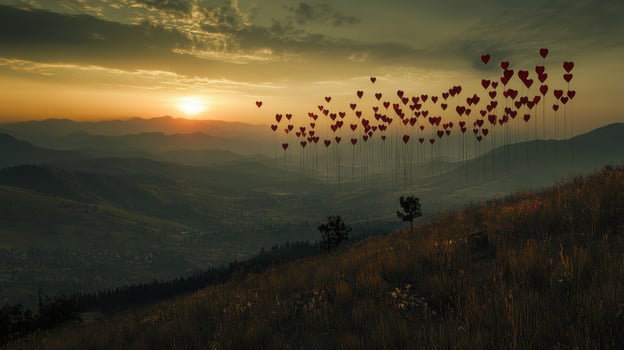 Heart shaped balloons flying over scenic mountain landscape at sunset photo