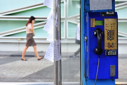 Thailand old public telephone with women walk call mobile photo