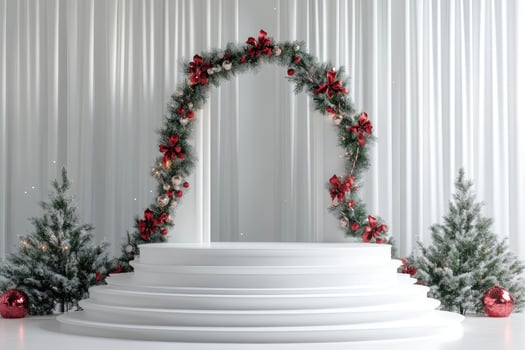 White Circular Platform with Christmas Wreath and Trees photo