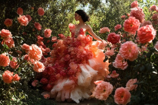 Fashion model wearing dress made of roses in garden setting photo
