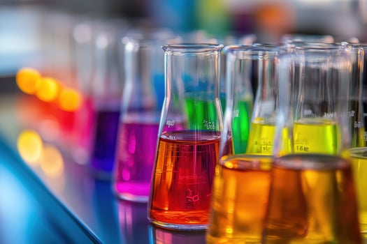 Laboratory flasks containing colorful chemical liquids are conducting scientific research photo