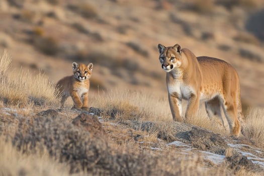 Cougar and cub walking in mountain habitat photo