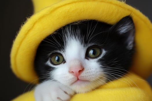 Adorable kitten wearing a yellow hat, close up portrait photo