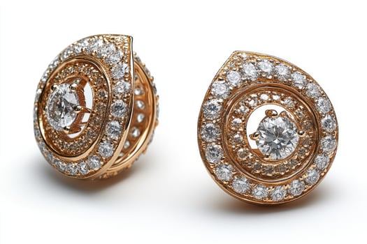 Pair of gold earrings sparkling with numerous diamonds on white background photo