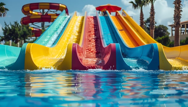 Aqua park in the city with magenta slides and pool for leisure and recreation photo