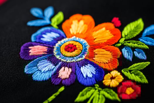 Vibrant Mexican embroidery with colorful floral patterns on a black background highlighting traditional folk art photo