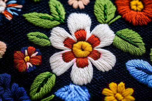 Vibrant floral embroidery pattern featuring ornamental designs on a dark background showcasing intricate details photo