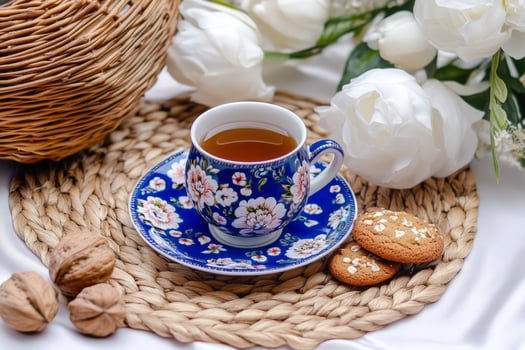 A beautifully arranged Persian tea table with floral-patterned tea set, cookies, and nuts on a woven rug photo