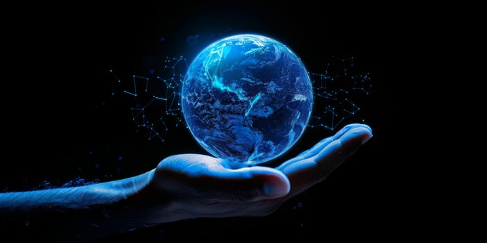 In the image, a hand is holding a shining blue earth with digital connections, illustrating global technology photo