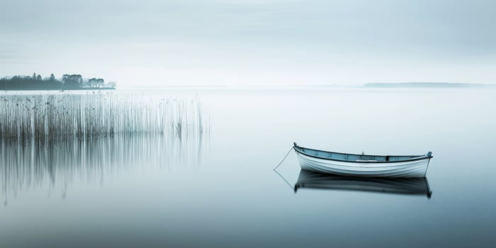 A peaceful image of a boat on a mistcovered lake, creating a serene atmosphere with beautiful reflections photo