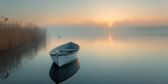 A serene boat floats on a peaceful lake at sunrise, surrounded by mist and reeds as the sun gently rises. photo