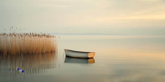 A serene and peaceful image presents a single rowboat gently floating on a tranquil lake next to reeds during sunset photo