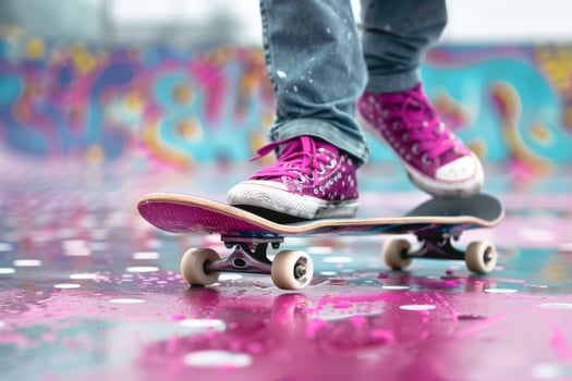 Dynamic shot of a person skateboarding, showcasing pink shoes against a colorful urban graffiti background. photo