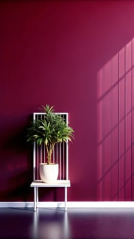 A plant in a chair in front of a red wall photo