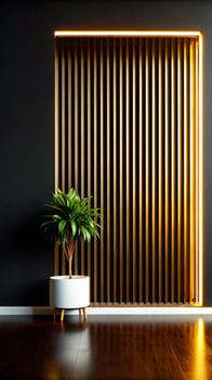 A modern room with a wooden wall and a potted plant photo