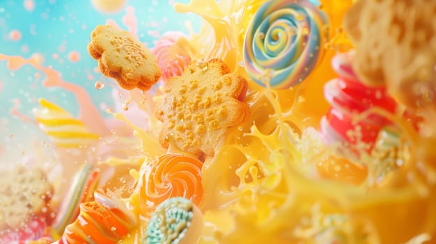 Vibrant assortment of cookies and candies bursting with color, set against a whimsical and dynamic background. photo