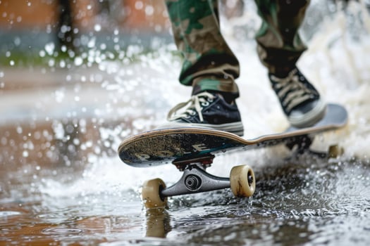 Close-up of skateboarder splashing through rainy puddle. Skateboarding action shot with water spray. photo