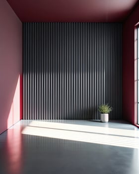 A room with red walls and a plant on the floor photo
