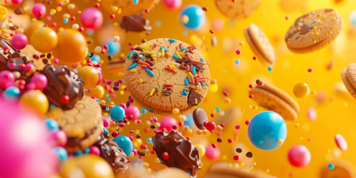 Dynamic and vibrant shot of cookies with colorful candies and sprinkles, perfect for festive themes. photo