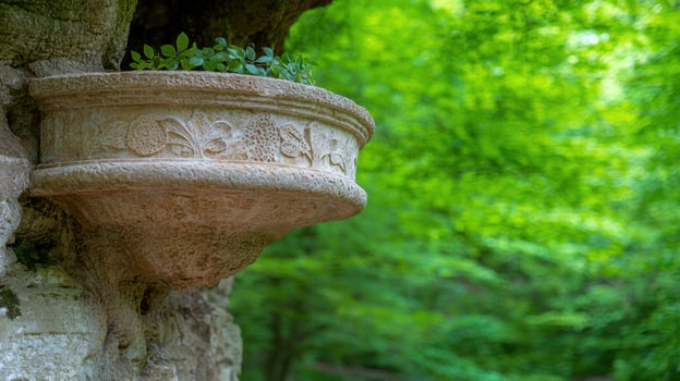 Ornate stone fountain in lush green forest photo