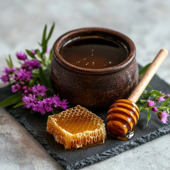 Honey in a ceramic pot with honeycomb and flowers photo