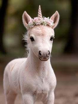 Cute white unicorn foal with flower crown photo
