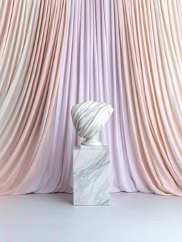 Elegant pink curtain backdrop with white marble pedestal photo